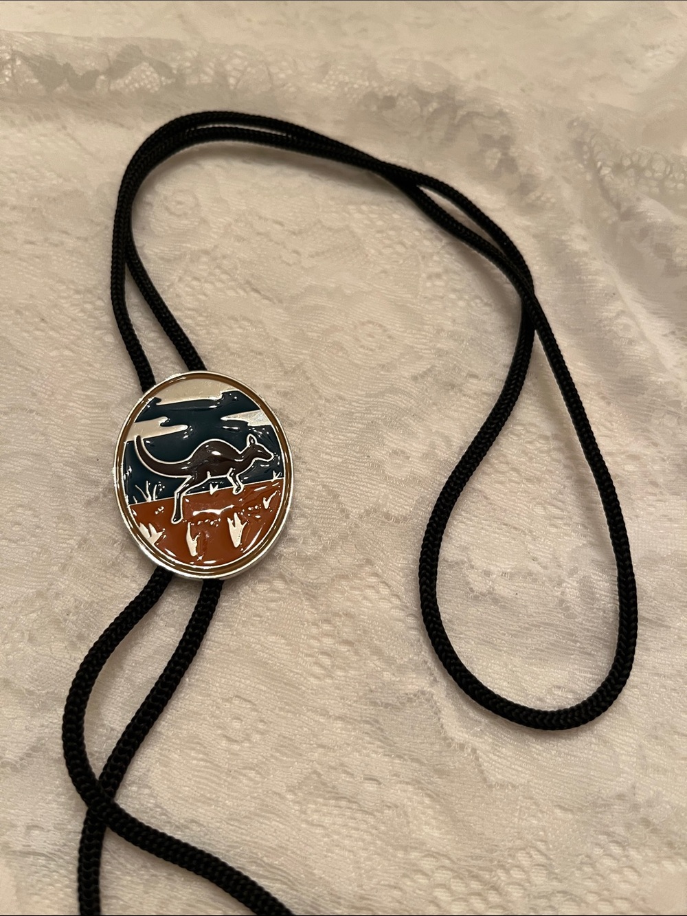 Kangaroo Enamel Bolo Tie in Black with Teal & Rust Accent